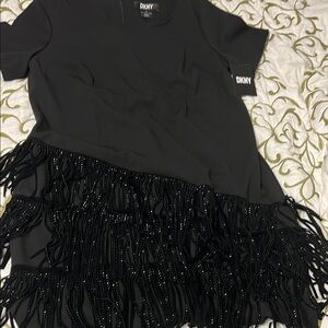 DKNY Elegant Black Dress with Fringe